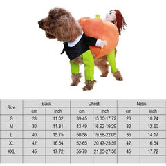 Halloween pet cosplay costume on dog with size chart.