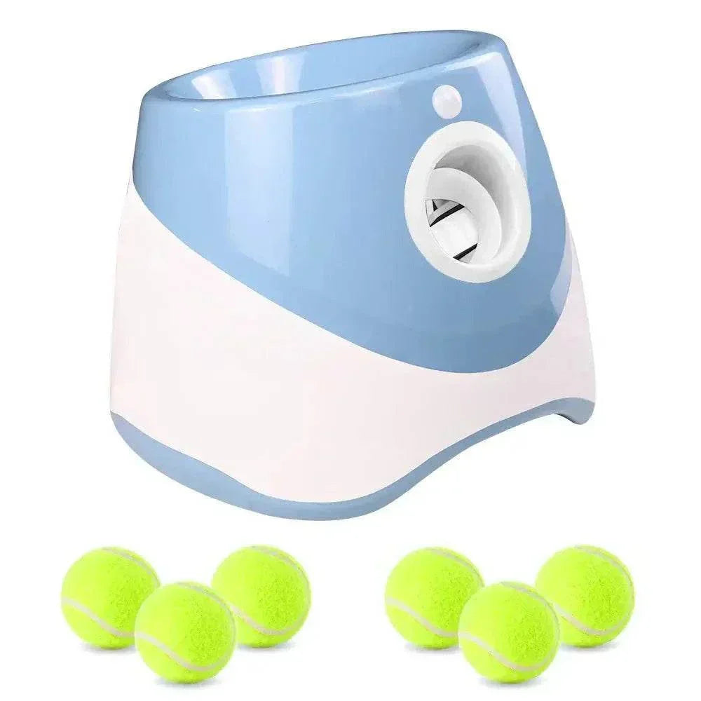Dog tennis ball launcher with mini design and green balls, ideal for interactive pet play.