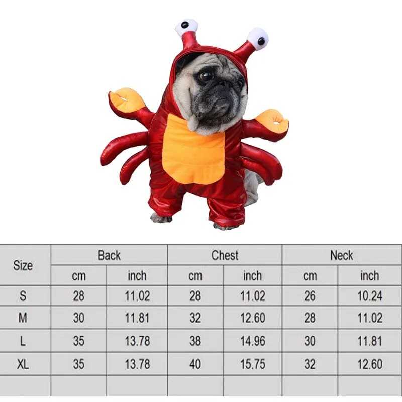 Halloween pet costume with crab design, perfect for cosplay and parties, featuring size chart for back, chest, and neck measurements.