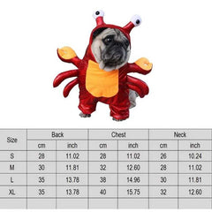 Halloween pet costume with crab design, perfect for cosplay and parties, featuring size chart for back, chest, and neck measurements.