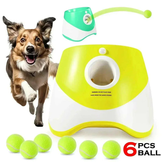 Dog tennis ball launcher interactive toy with six balls and compact design.