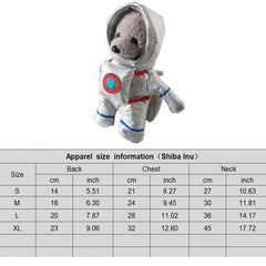 Halloween pet clothes for funny pet cosplay; high-quality costume on a dog, with size chart for Shiba Inu.