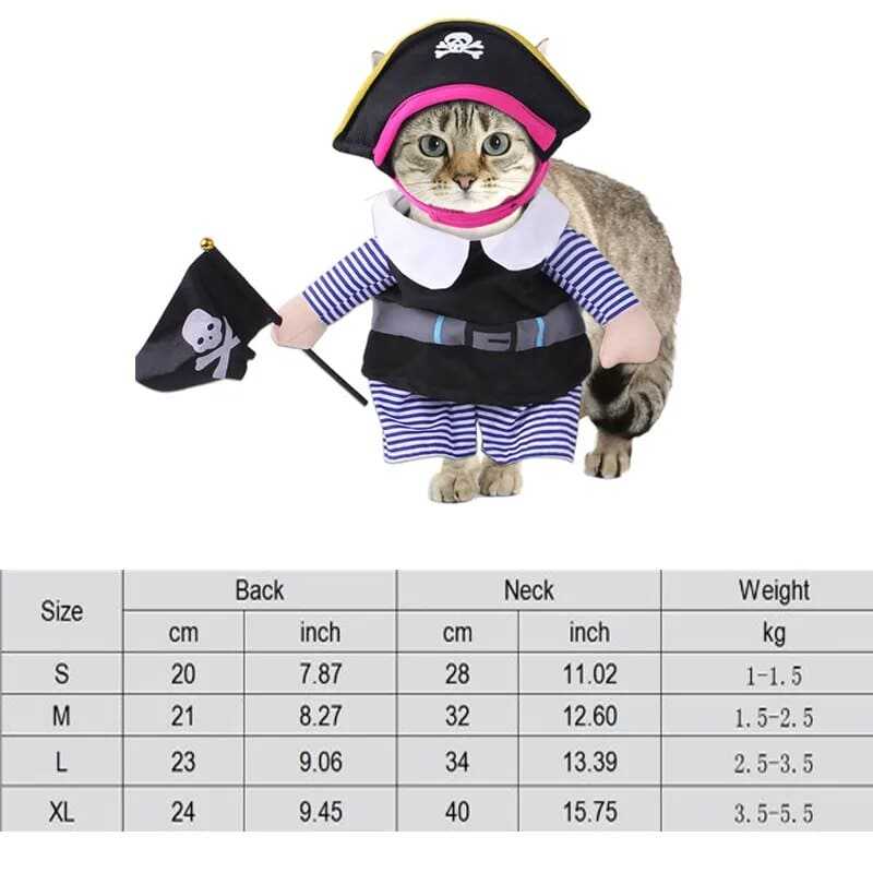 Cat wearing a pirate costume for Halloween pet cosplay with size chart for S to XL.