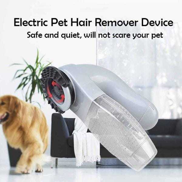 Electric pet fur vacuum on floor near dog in modern living room.