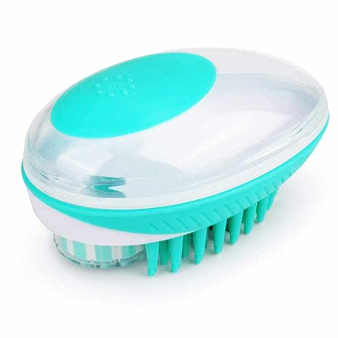 Pet brush comb with soft silicone bristles and ergonomic non-slip grip for grooming and bathing pets.