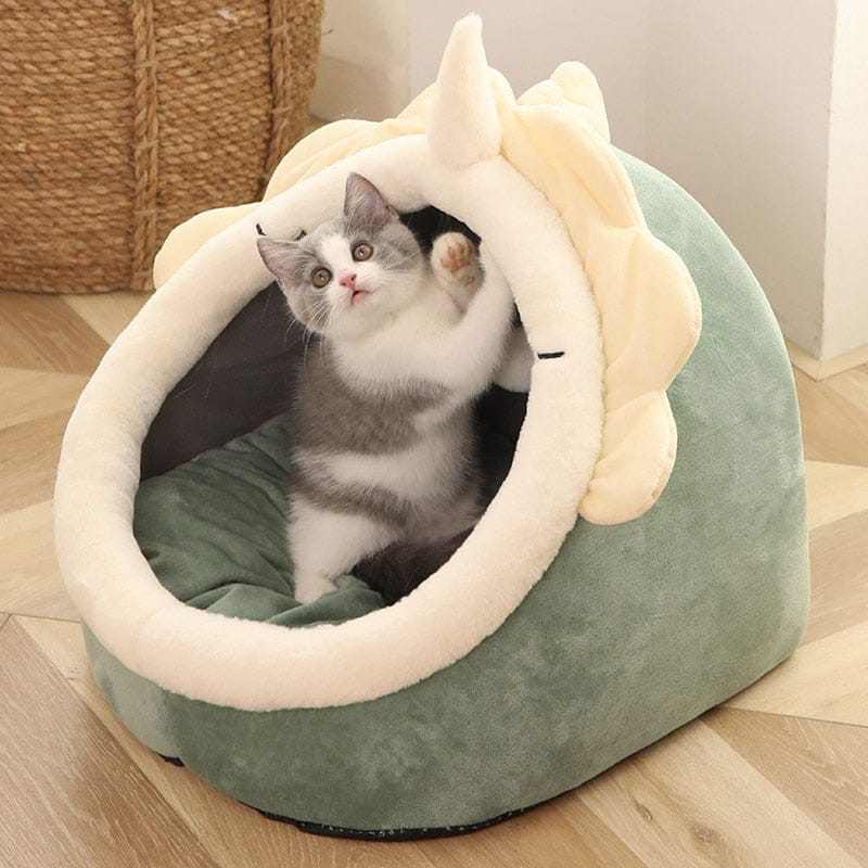 Cat in animal shape cat bed with plush fabric and ear design, semi-enclosed for comfort.