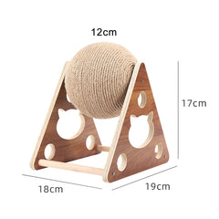 Cat scratcher with sisal rope ball mounted on a sturdy wooden base, featuring dimensions.