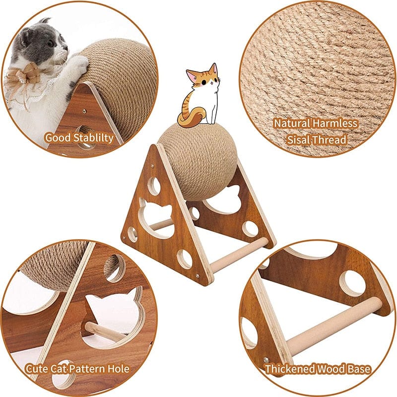 Cat scratcher sisal rope ball with wood base, featuring cute cat pattern holes, natural sisal thread, and good stability.