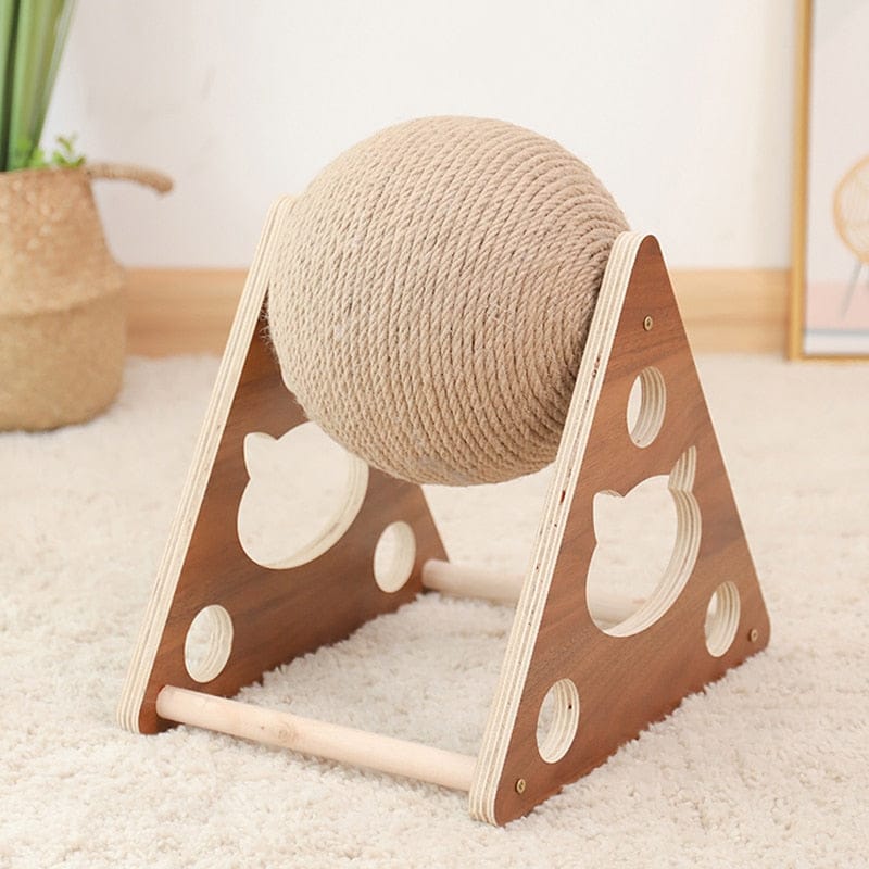 Cat scratcher sisal rope ball on wooden frame for interactive cat play and scratching.