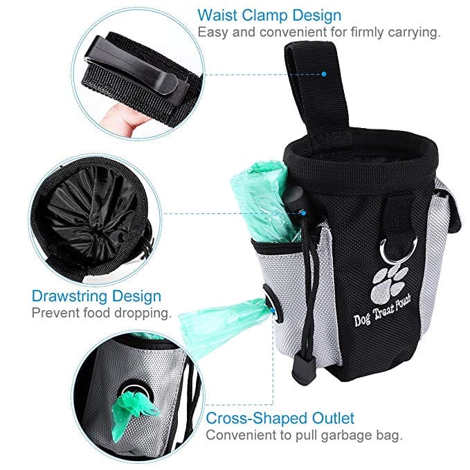 Dog treat pouch with waist clamp, drawstring design, and cross-shaped outlet for easy carrying and access.