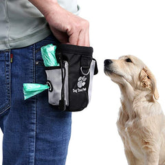 Dog Treat Pouch attached to a belt, durable polyester, with snack access and storage pockets.