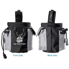 Durable dog treat pouch with clip, ring, and zipper loop; front and back view.