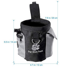 Dog treat pouch with clip and D-ring attachment, 12.5x12.5x8cm, durable polyester.