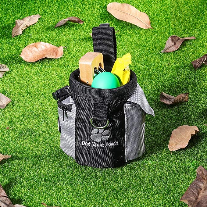 Dog treat pouch on grass with toys and accessories, featuring clips and D-ring for convenience.