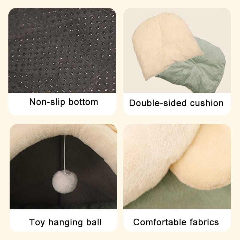 Non-slip bottom, double-sided cushion, toy hanging ball, and comfortable fabrics on an Animal Shape Cat Bed.