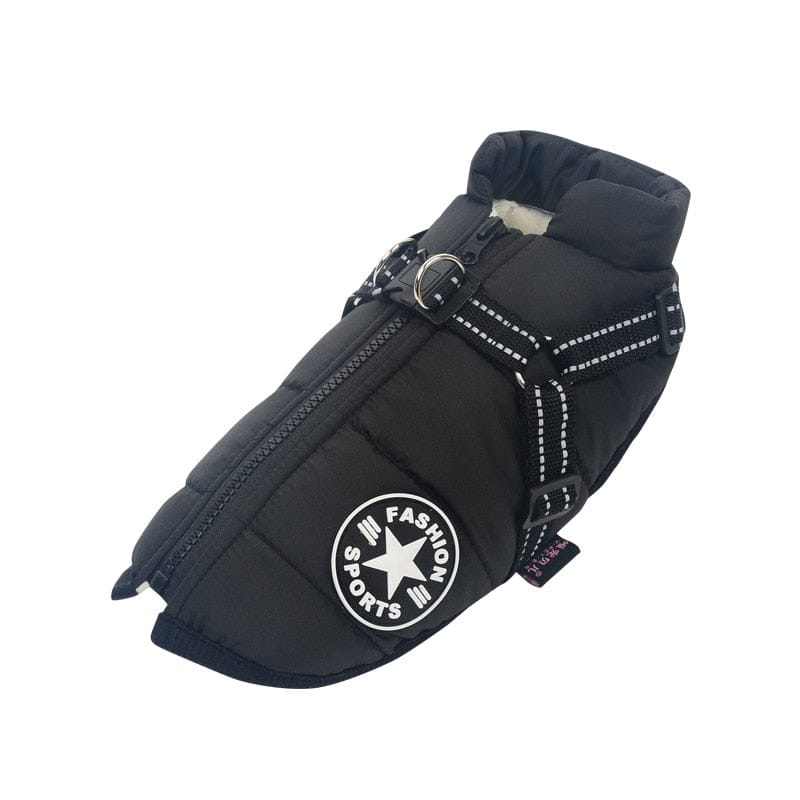 Pet harness and vest for dogs, waterproof and warm design with zipper, ideal for cold weather.