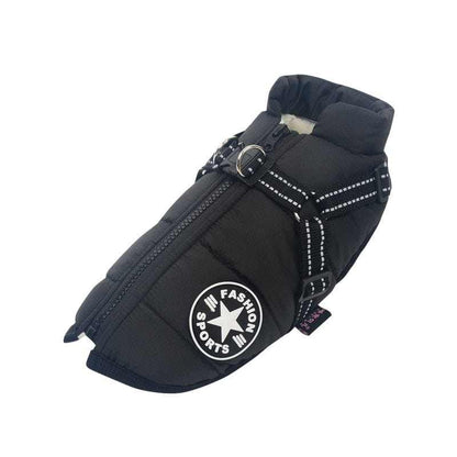Pet harness and vest for dogs, waterproof and warm design with zipper, ideal for cold weather.