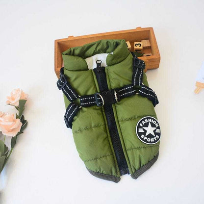 Green pet harness and vest for dogs with waterproof outer layer and fleece inner, featuring a zipper design.