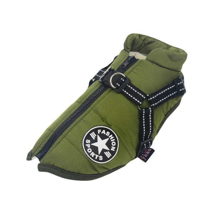 Green pet harness and vest with zipper for dogs, featuring waterproof and warm fleece design.