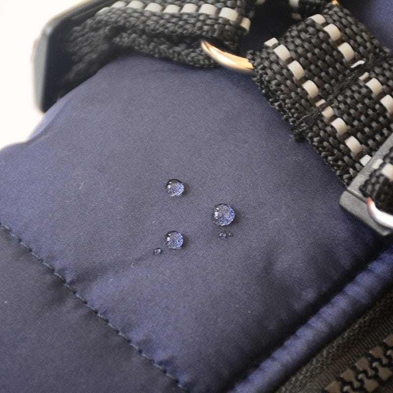 Waterproof pet harness and vest for dogs, close-up detail.