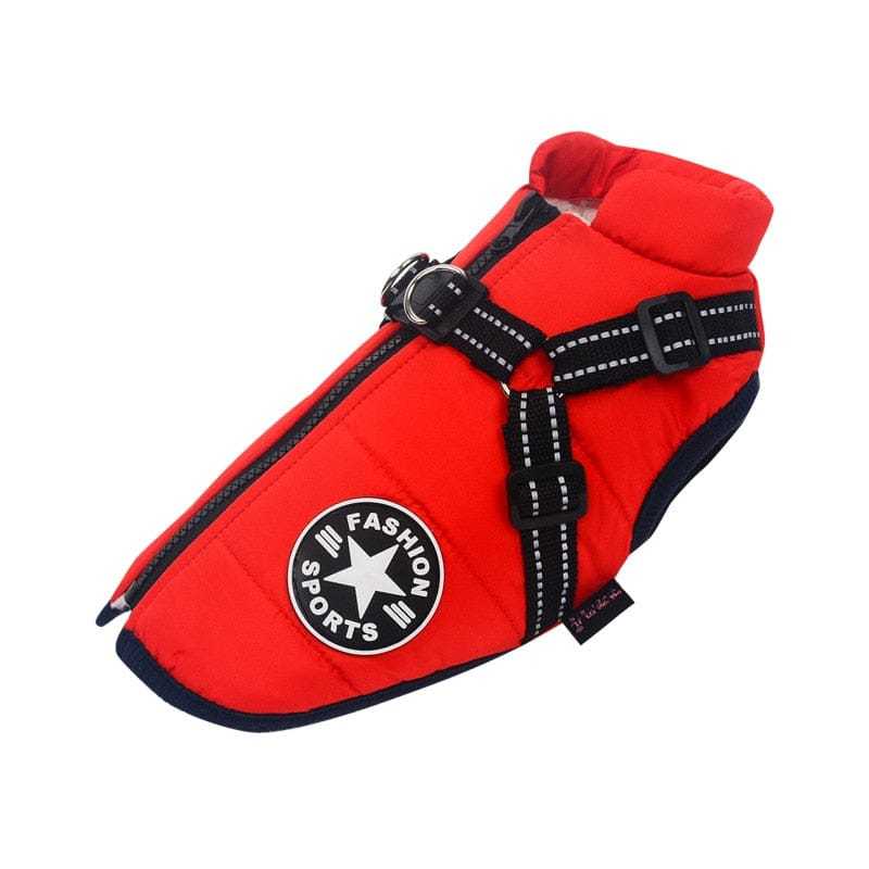Pet harness and vest for dogs, waterproof and fleece-lined, red with zipper design.