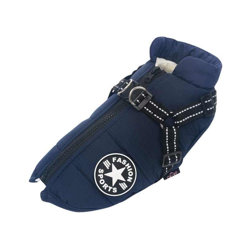 Pet harness and vest for dogs, waterproof and fleece-lined for warmth, featuring zipper design for easy wear.