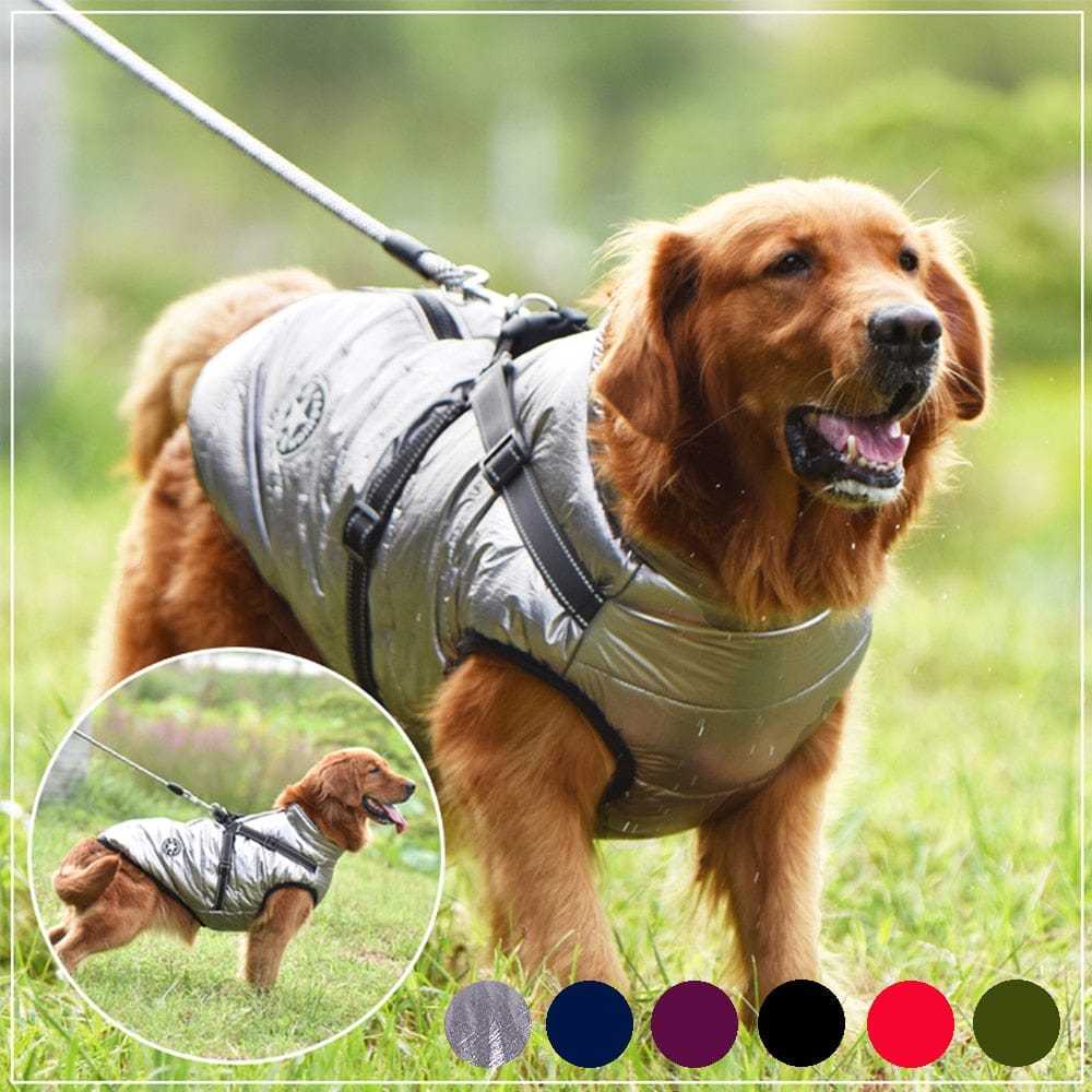 Pet harness and vest for dogs, waterproof and fleece-lined, ideal for winter walks.